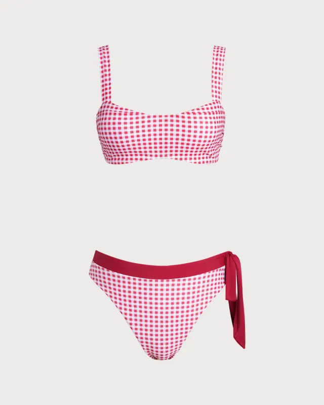 Wine Red Plaid Bandeau Bikini Set sold by rihoas