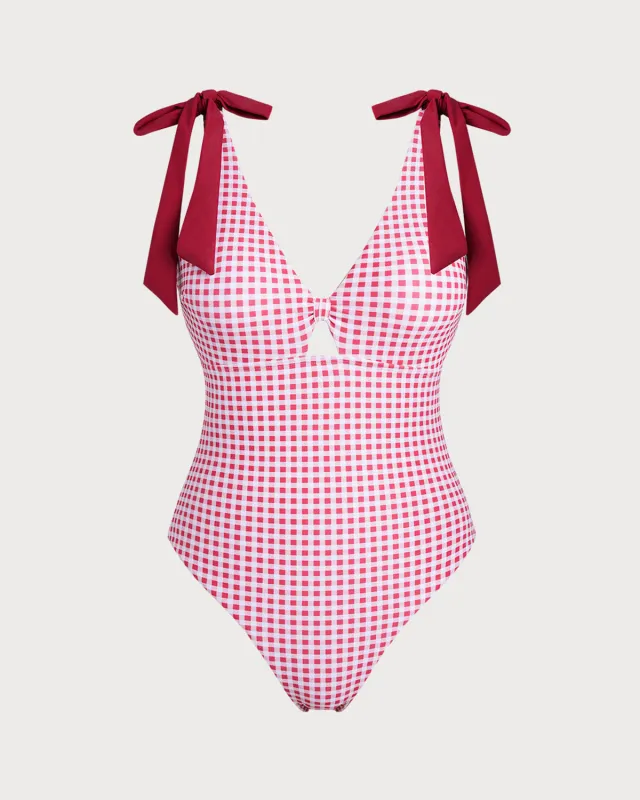 Wine Red Plaid One Piece Swimwear sold by rihoas