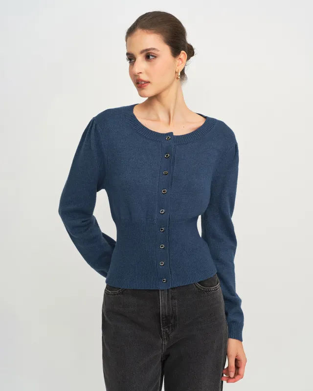 Blue Round Neck Slim Knit Cardigan sold by rihoas