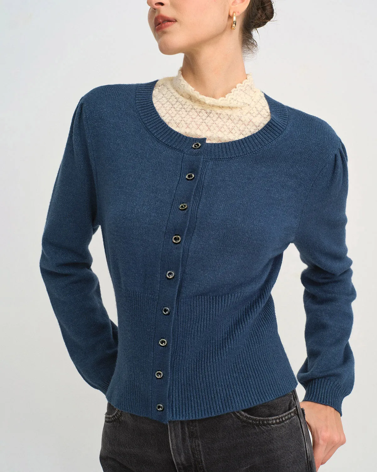Blue Round Neck Slim Knit Cardigan sold by rihoas product image thumbnail 3
