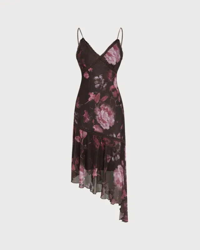 Coffee Floral A-Line Slip Midi Dress sold by rihoas