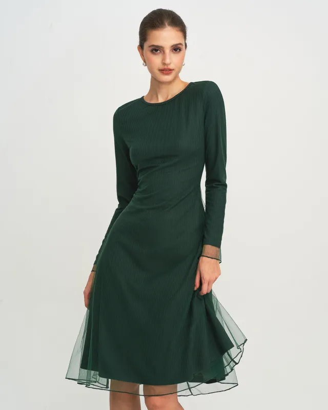 Green Round Neck Knit Mesh Midi Dress sold by rihoas