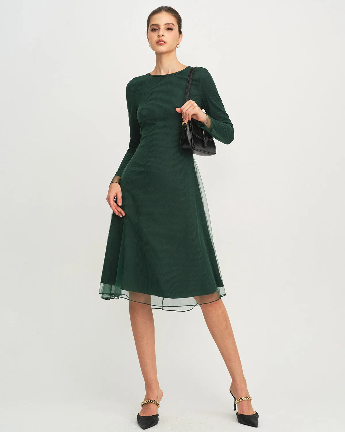 Green Round Neck Knit Mesh Midi Dress sold by rihoas product image thumbnail 4