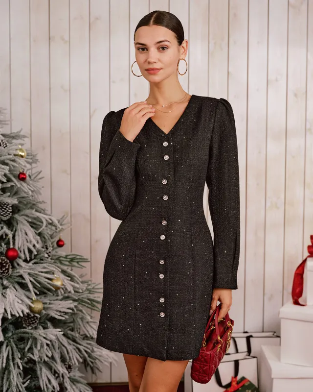 Black V Neck Sequins Mini Dress sold by rihoas