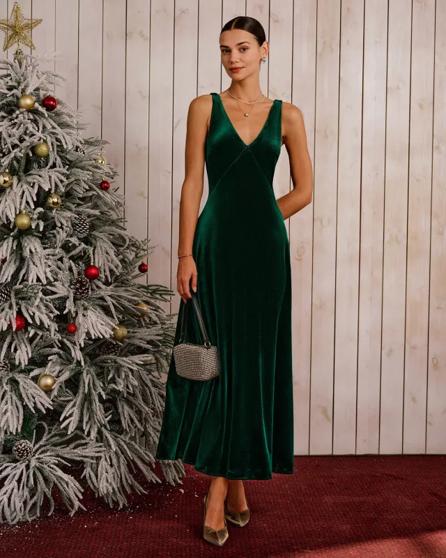 Green Velour V-Neck Sleeveless Maxi Dress sold by rihoas