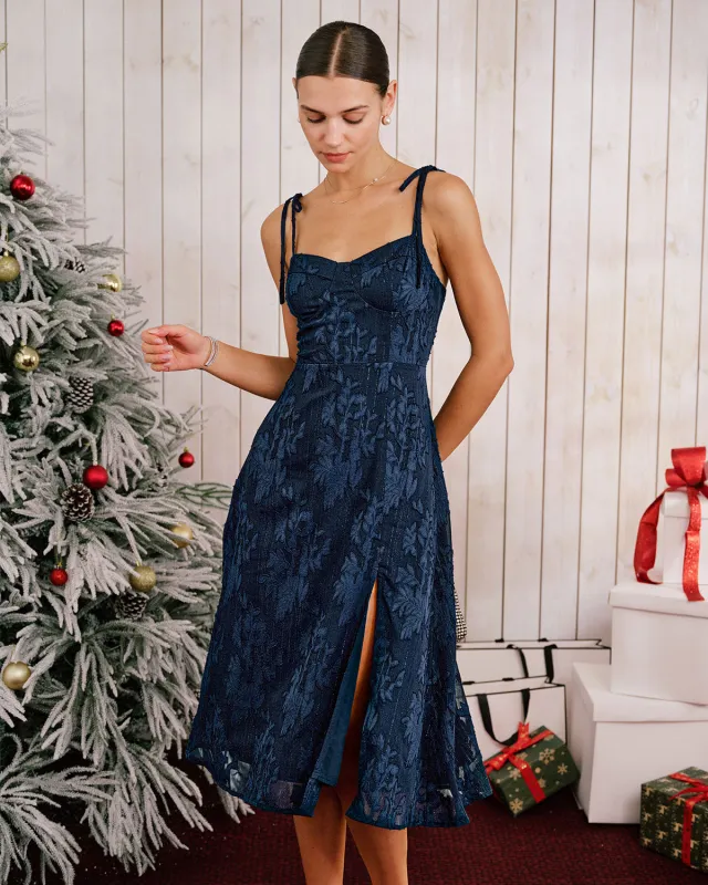 Blue Jacquard Sweetheart Neck Slip Midi Dress sold by rihoas
