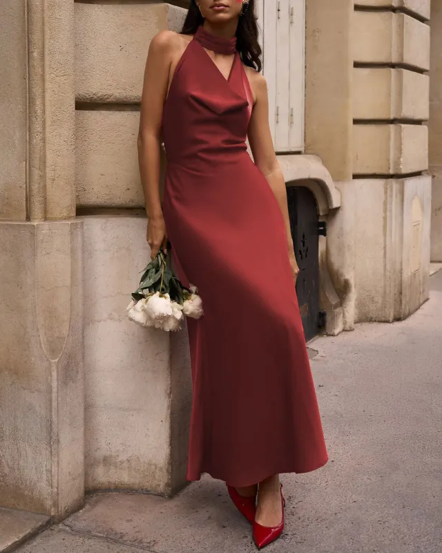 Wine Red Satin Halter Maxi Dress sold by rihoas