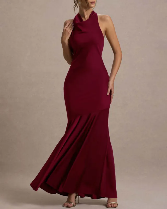 Wine Red Halter A-Line Maxi Dress sold by rihoas