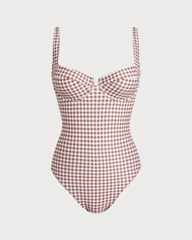 Coffee Plaid Underwire One Piece Swimwear sold by rihoas