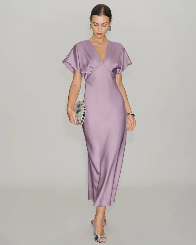 Pink Satin Cowl Sleeve Midi Dress sold by rihoas