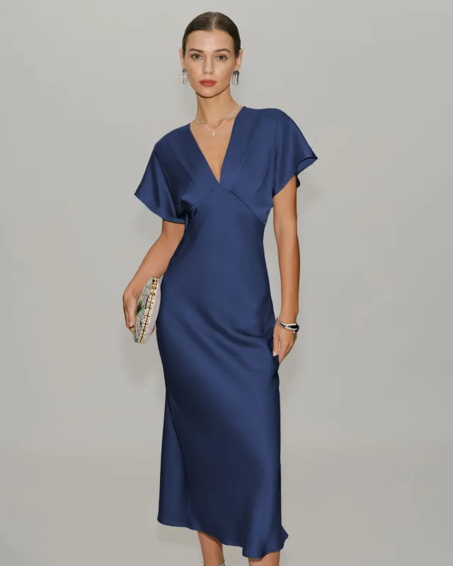 Navy Satin Cowl Sleeve Midi Dress sold by rihoas