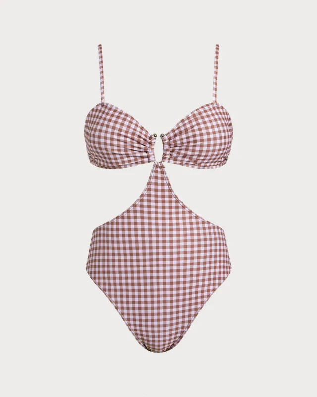 Coffee Plaid One Piece Swimwear sold by rihoas
