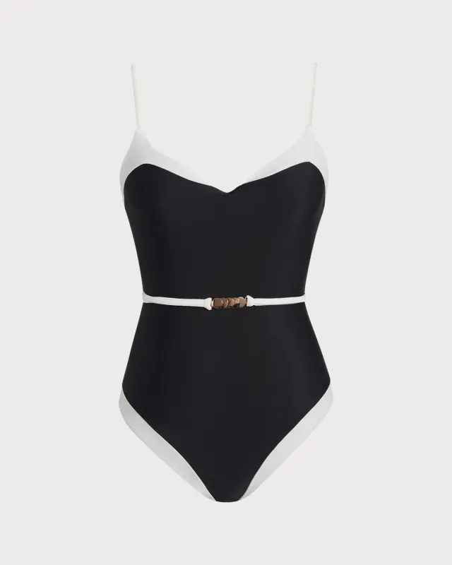 Black Contrasting V Neck One Piece Swimwear sold by rihoas