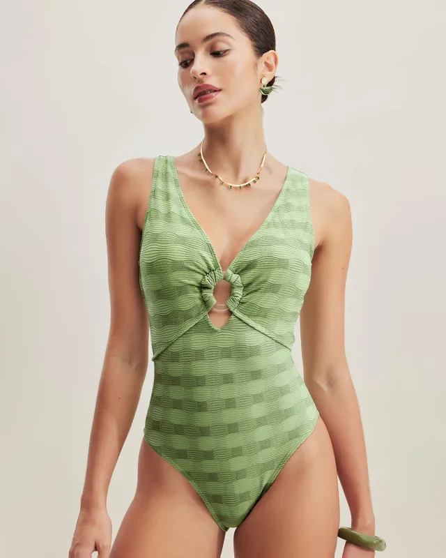 Green O-Ring Textured One Piece Swimwear sold by rihoas