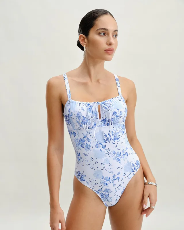 White Floral Ruched One Piece Swimwear sold by rihoas