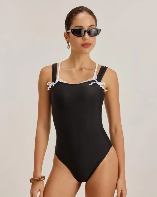 Black Contrast Lace One Piece Swimwear sold by rihoas