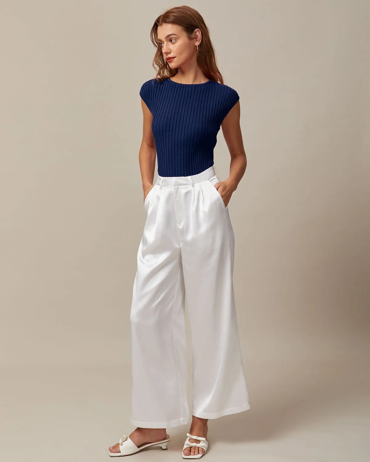 The Blue Boat Neck Ribbed Cap Sleeve Knit Tee sold by rihoas product image thumbnail 3