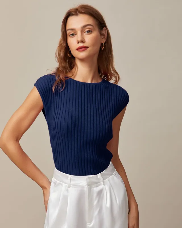 The Blue Boat Neck Ribbed Cap Sleeve Knit Tee sold by rihoas