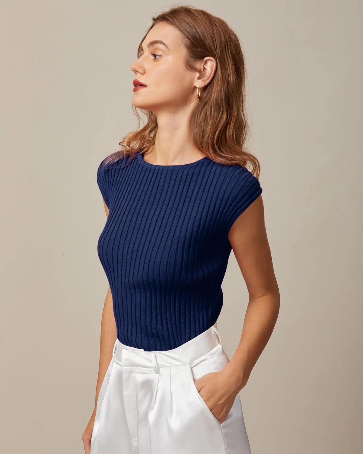 The Blue Boat Neck Ribbed Cap Sleeve Knit Tee sold by rihoas product image thumbnail 2