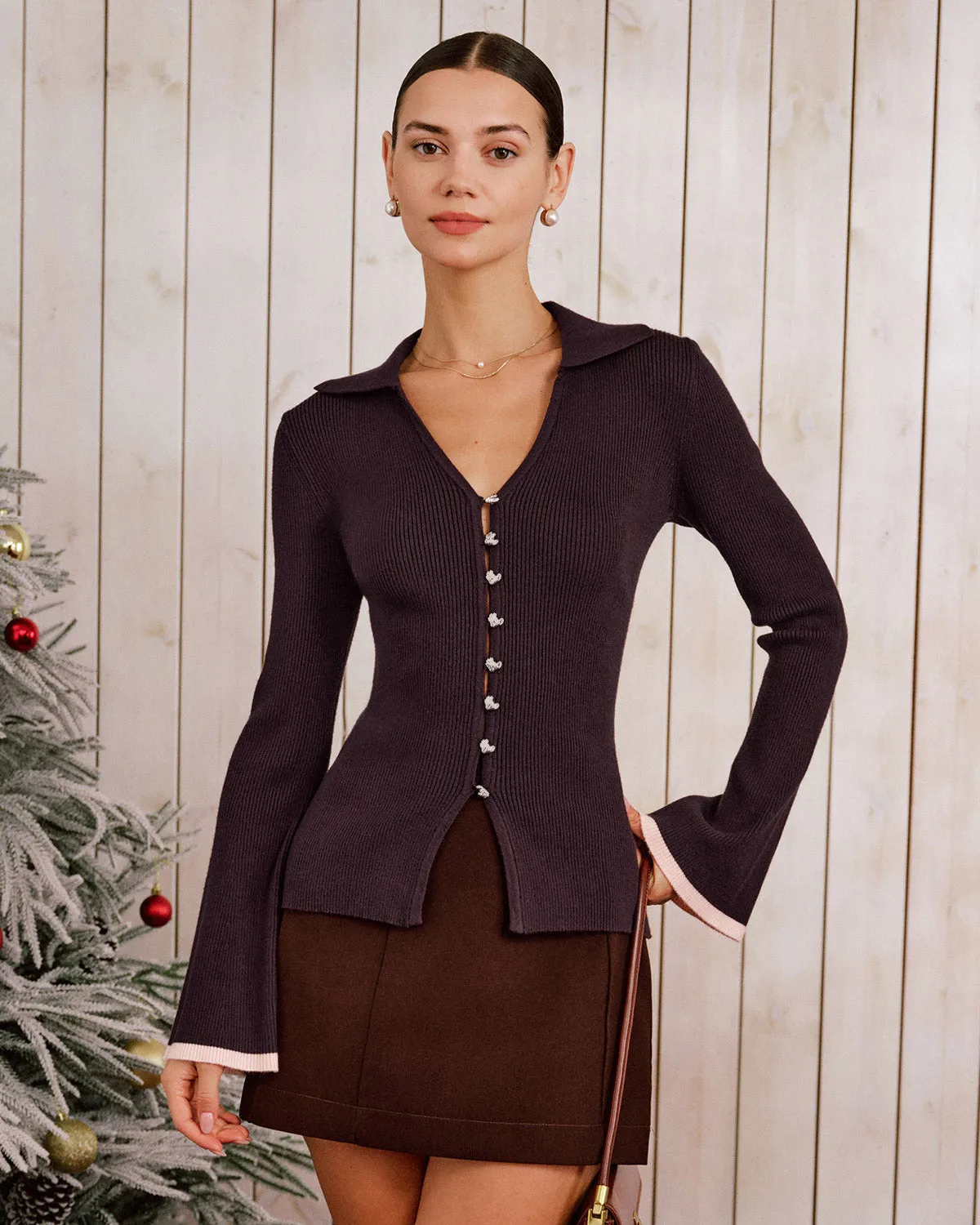 Purple Contrasting Bell Sleeve Knit Cardigan sold by rihoas