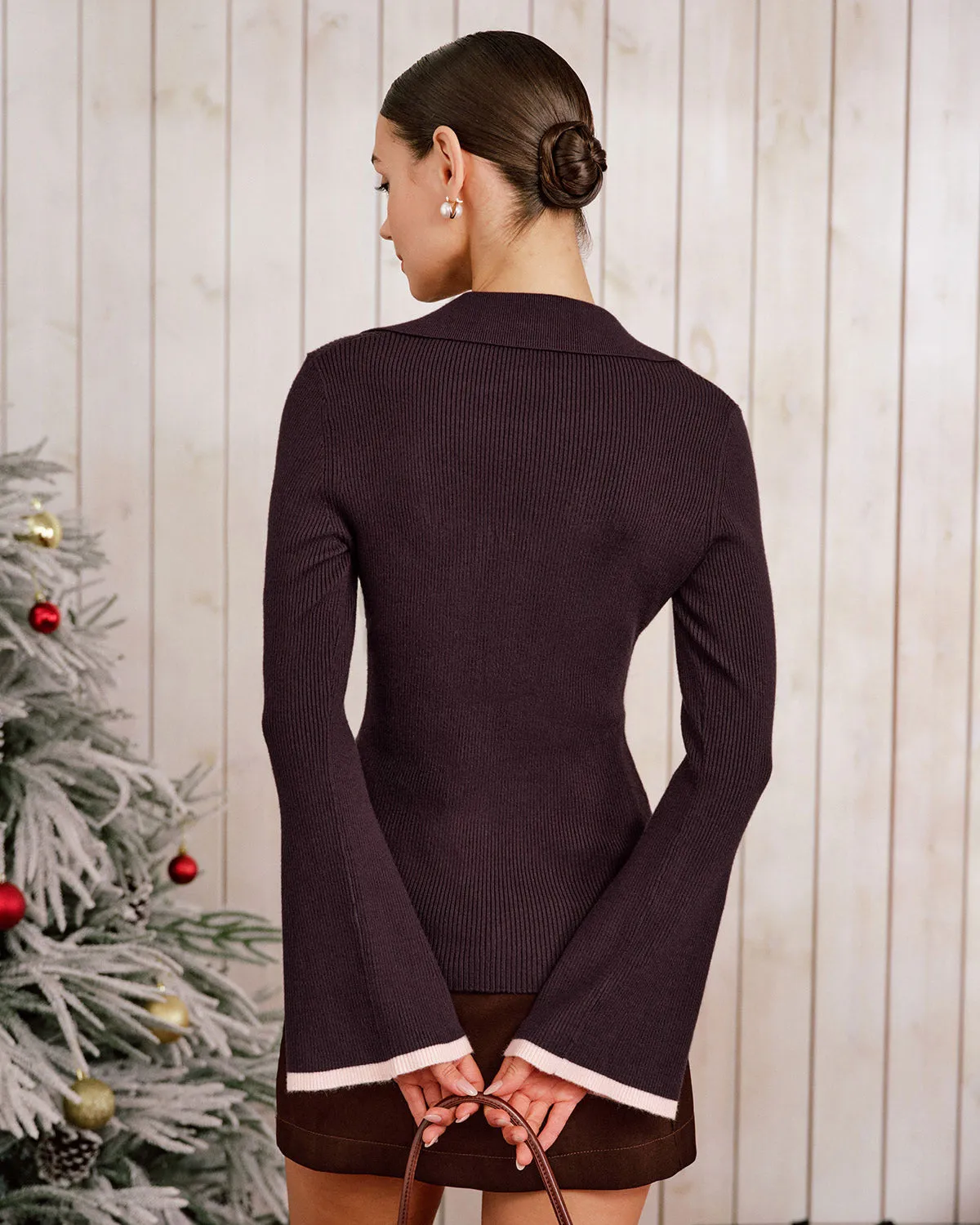 Purple Contrasting Bell Sleeve Knit Cardigan sold by rihoas product image thumbnail 3