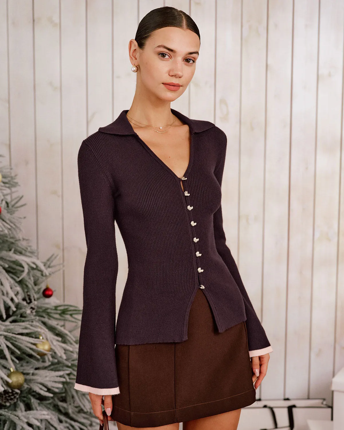 Purple Contrasting Bell Sleeve Knit Cardigan sold by rihoas product image thumbnail 2