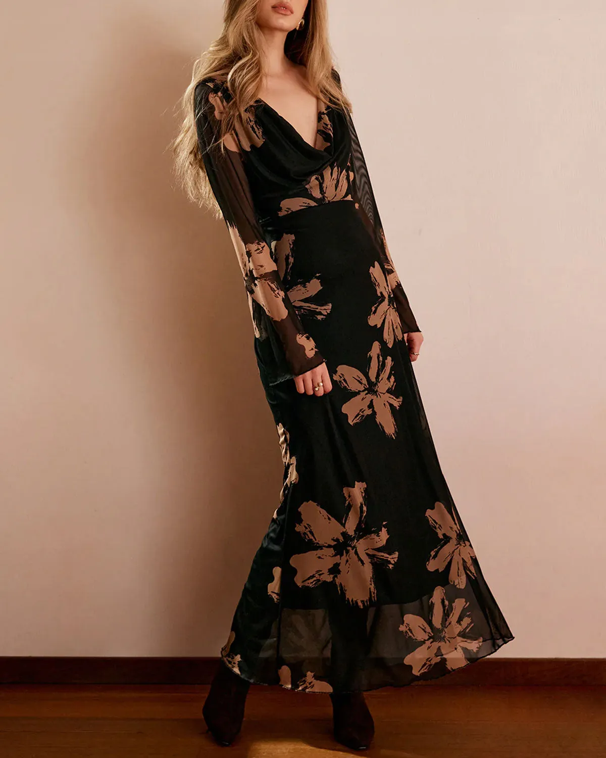 Black Floral Cowl Neck Maxi Dress sold by rihoas product image thumbnail 4