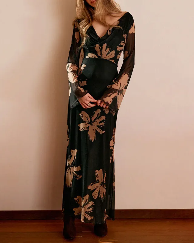 Black Floral Cowl Neck Maxi Dress sold by rihoas