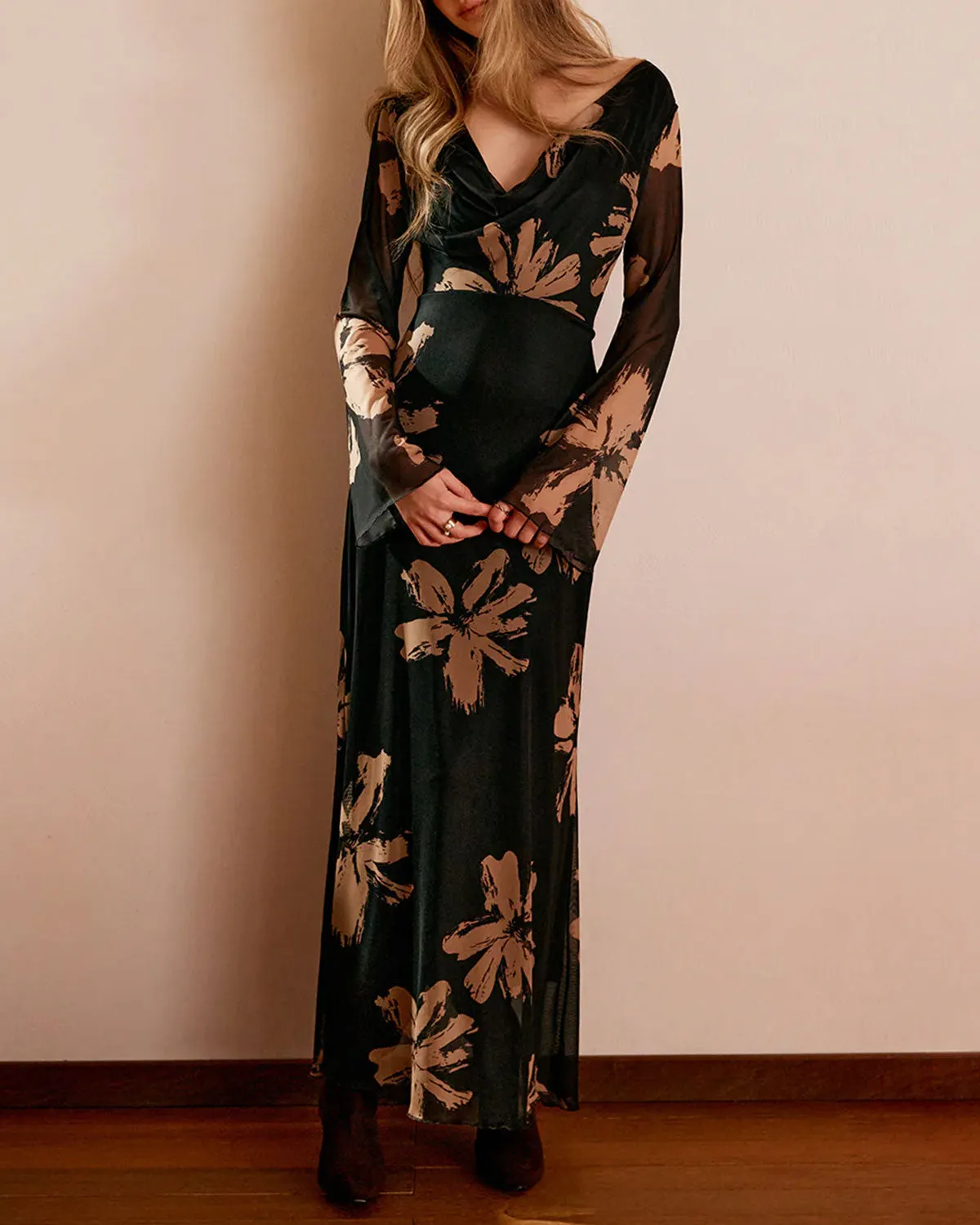 Black Floral Cowl Neck Maxi Dress sold by rihoas