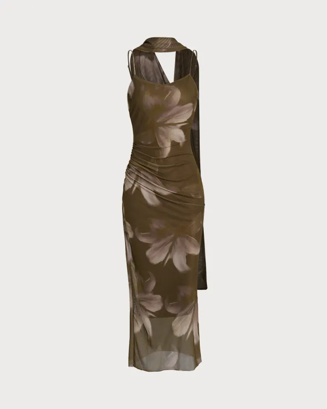 Brown Floral Sleeveless Midi Dress sold by rihoas