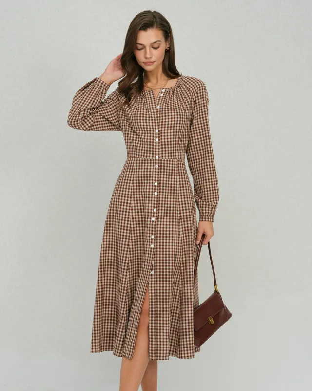 Brown Plaid Button A-Line Midi Dress sold by rihoas