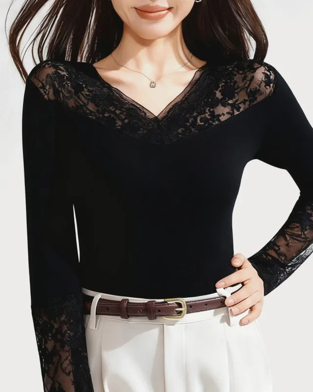 Black Lace Splicing V Neck Knit Tee sold by rihoas