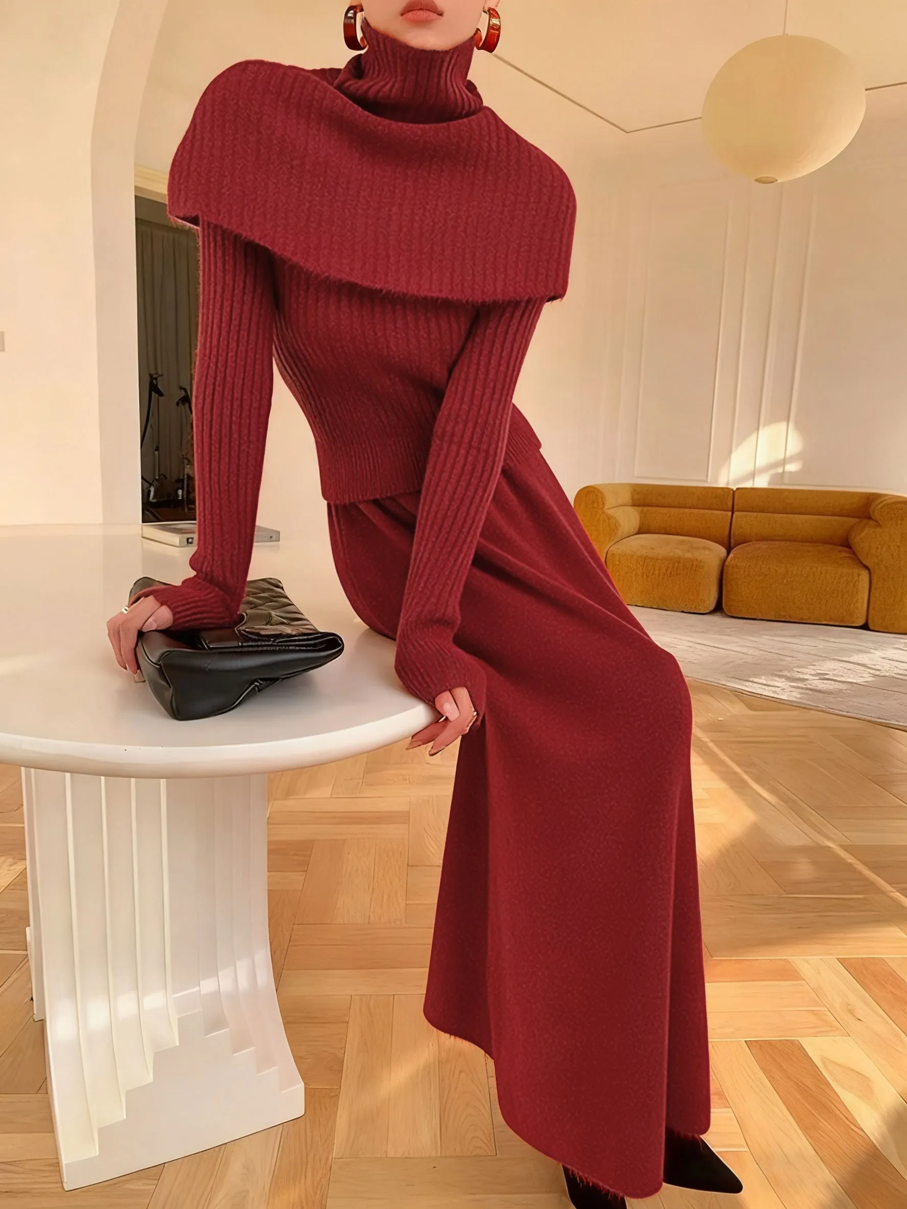 Red Knit Two-Piece Skirt Set sold by rihoas product image thumbnail 3