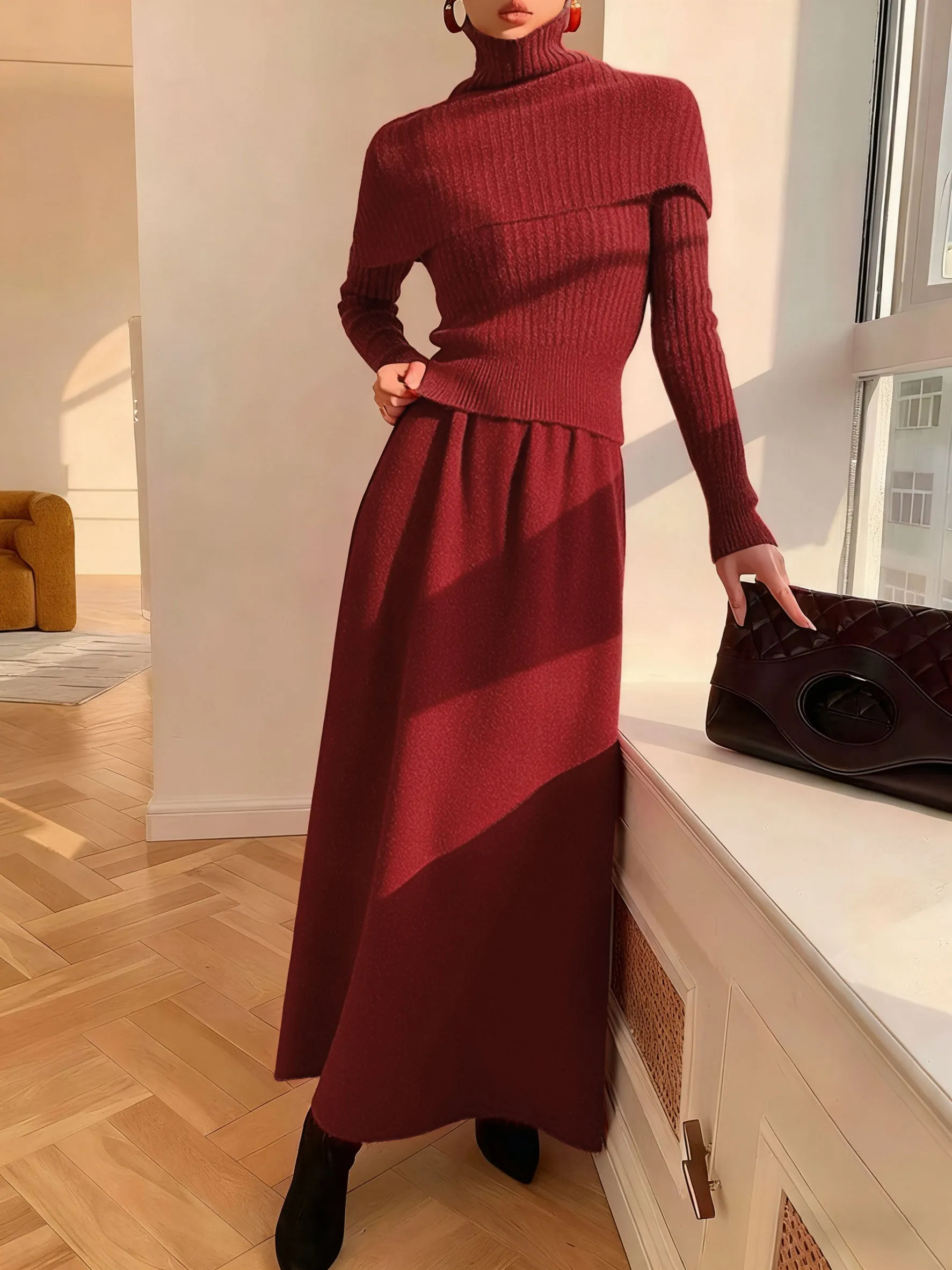 Red Knit Two-Piece Skirt Set sold by rihoas product image thumbnail 2