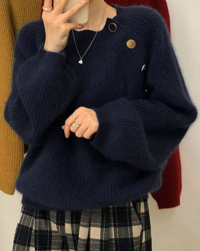 Blue Round Neck Loose Sweater sold by rihoas