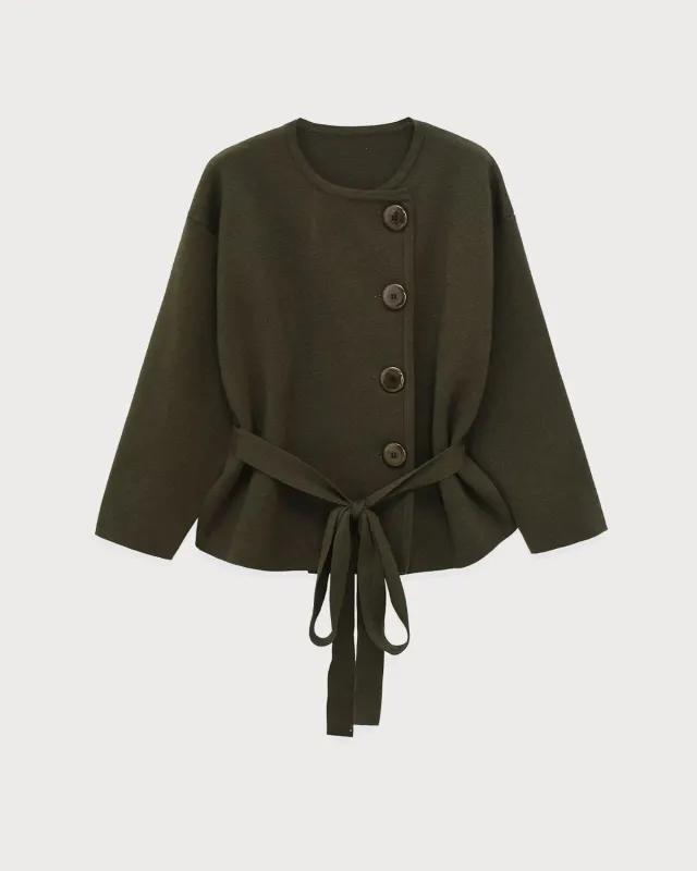 Green Round Neck Belted Cardigan sold by rihoas