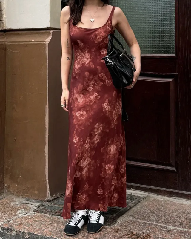 Red Floral A-Line Slip Maxi Dress sold by rihoas