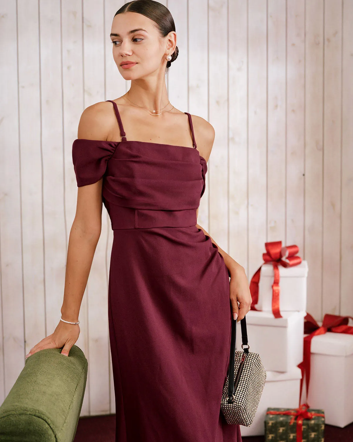 Wine Red Off The Shoulder Maxi Dress sold by rihoas product image thumbnail 2