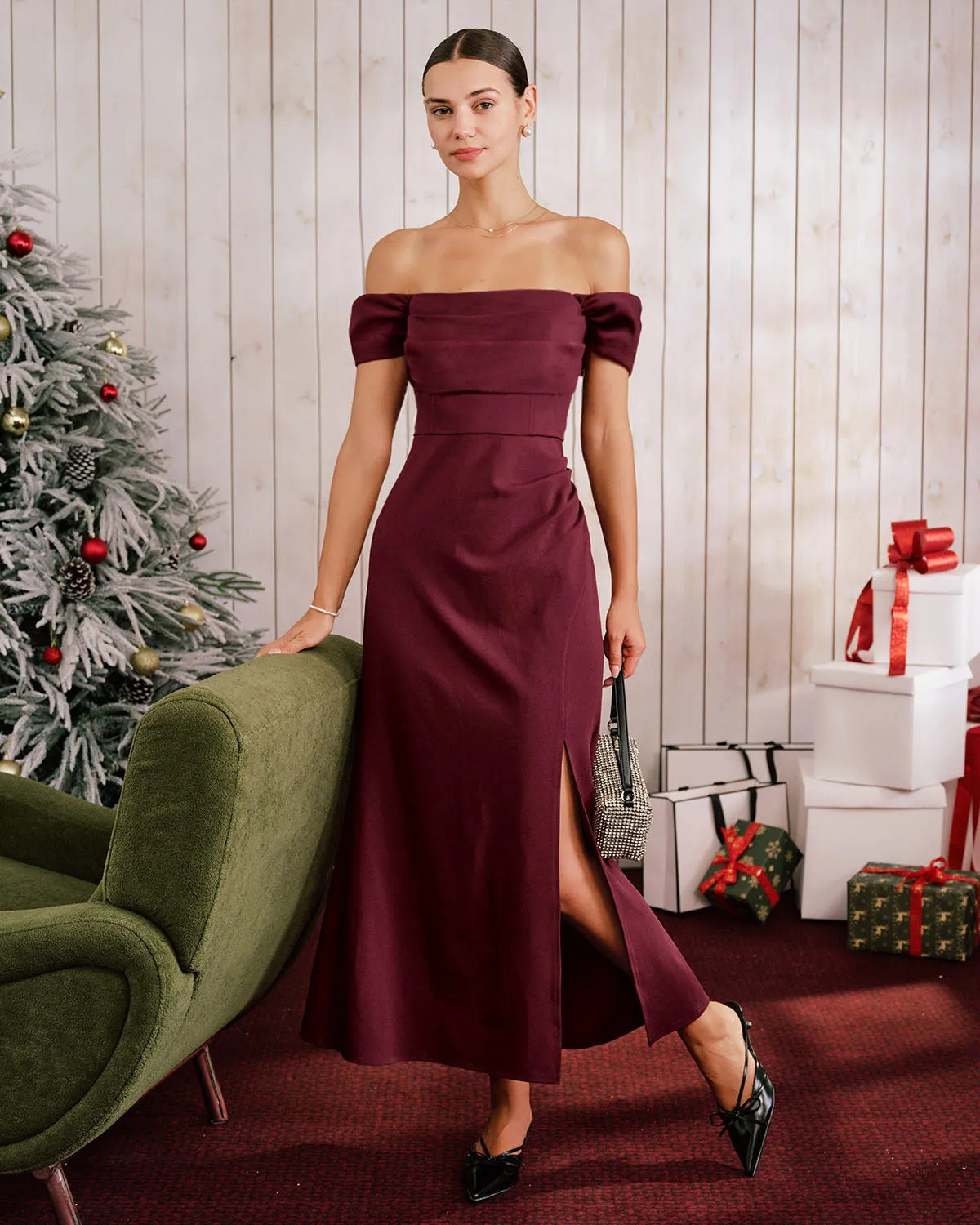 Wine Red Off The Shoulder Maxi Dress sold by rihoas