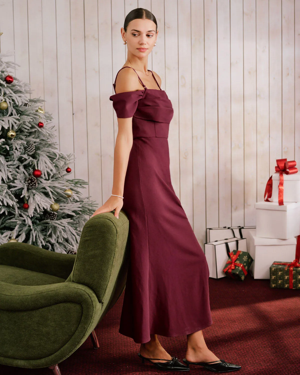 Wine Red Off The Shoulder Maxi Dress sold by rihoas product image thumbnail 4