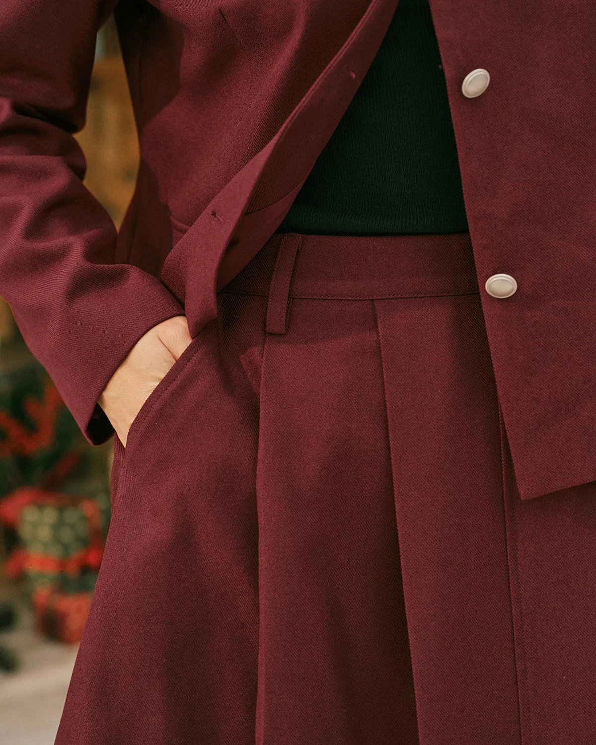 Wine Red Pleated A-Line Midi Skirt sold by rihoas product image thumbnail 2