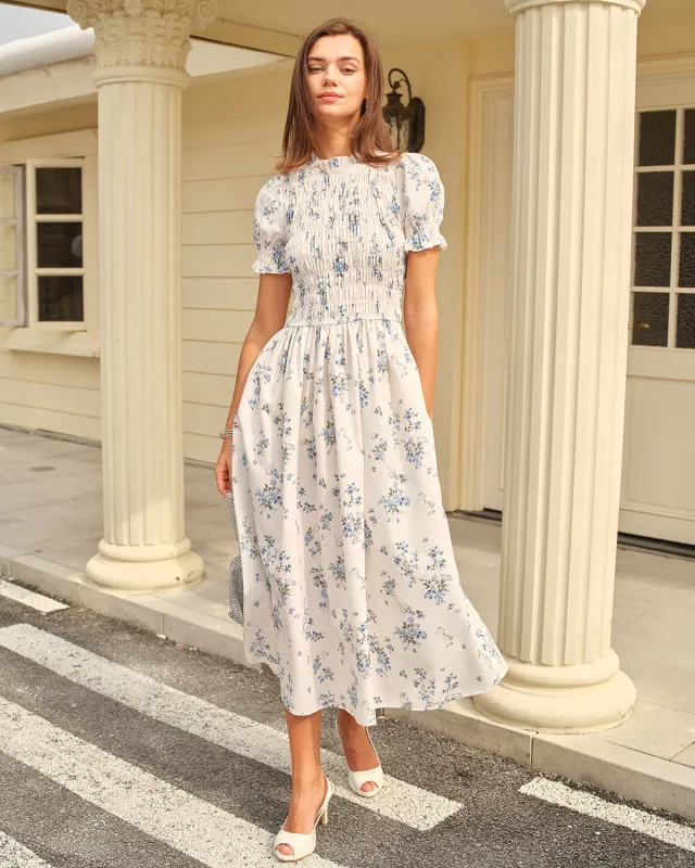 White Floral Shirred A-Line Midi Dress sold by rihoas