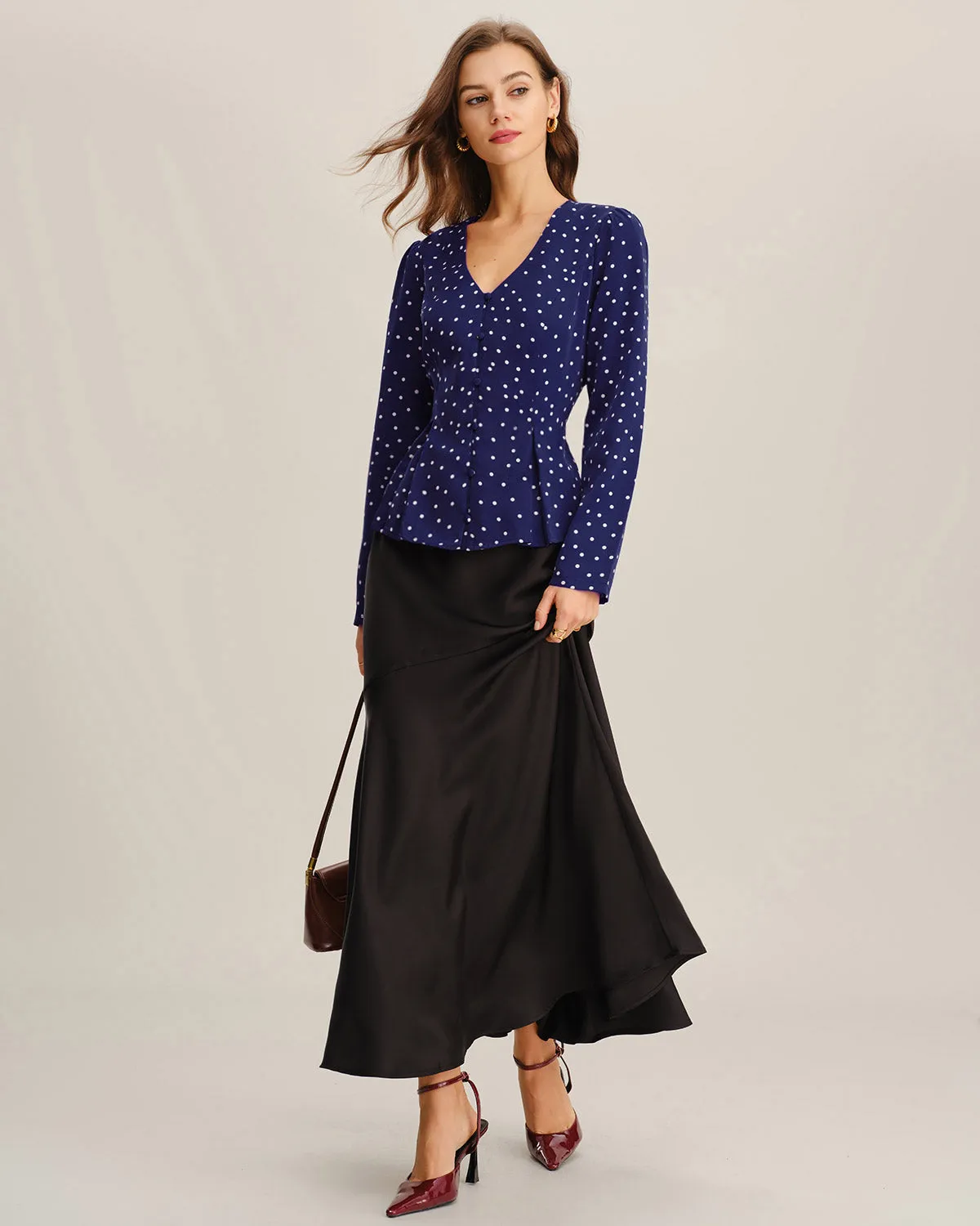 Navy Polka Dot V Neck Shirt sold by rihoas product image thumbnail 4