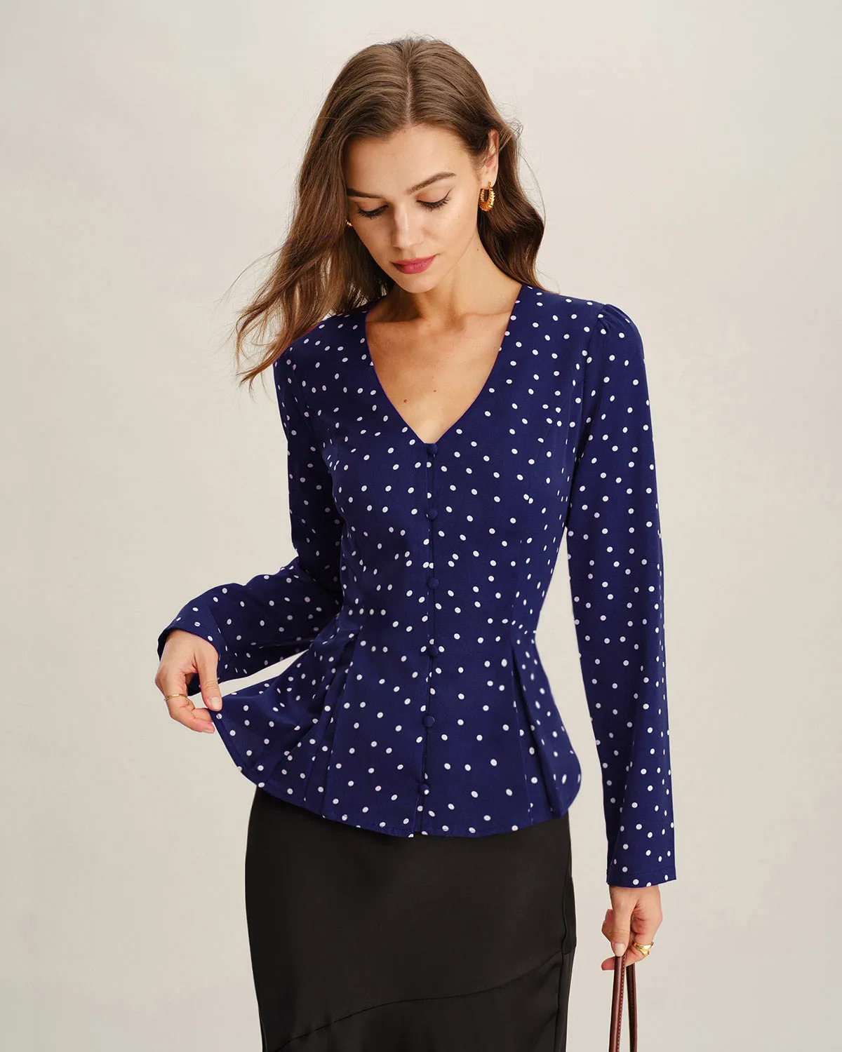 Navy Polka Dot V Neck Shirt sold by rihoas