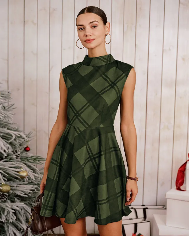 Green Plaid Mock Neck Sleeveless Mini Dress sold by rihoas