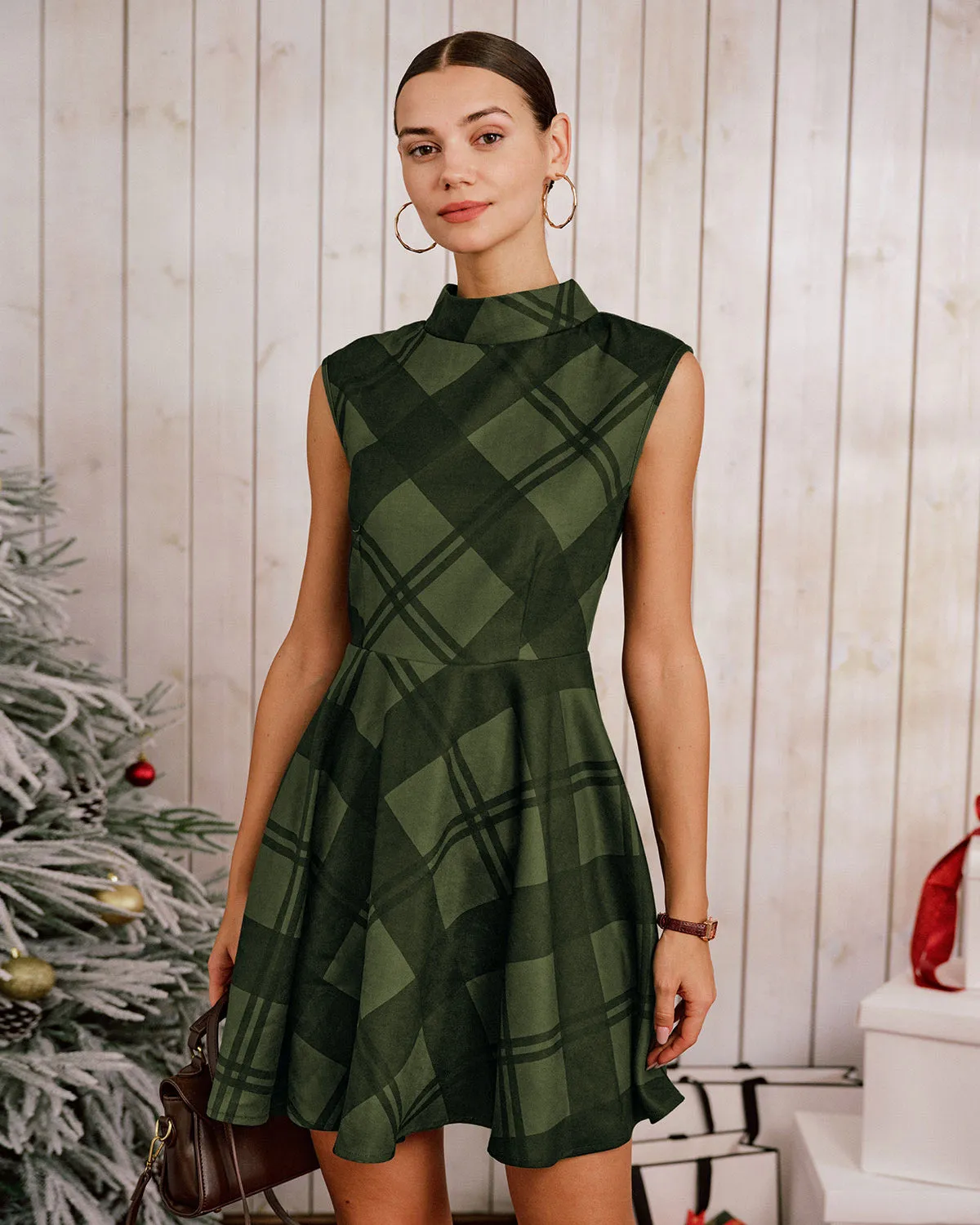 Green Plaid Mock Neck Sleeveless Mini Dress sold by rihoas