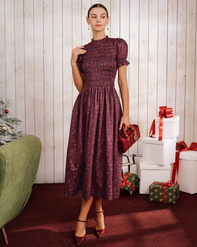 Wine Red Floral Shirred Puffed Sleeve Midi Dress sold by rihoas