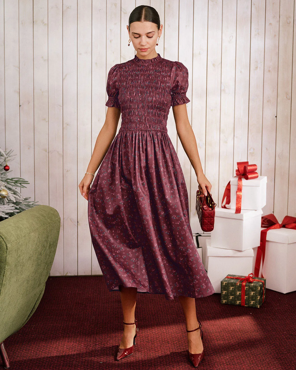 Wine Red Floral Shirred Puffed Sleeve Midi Dress sold by rihoas product image thumbnail 3