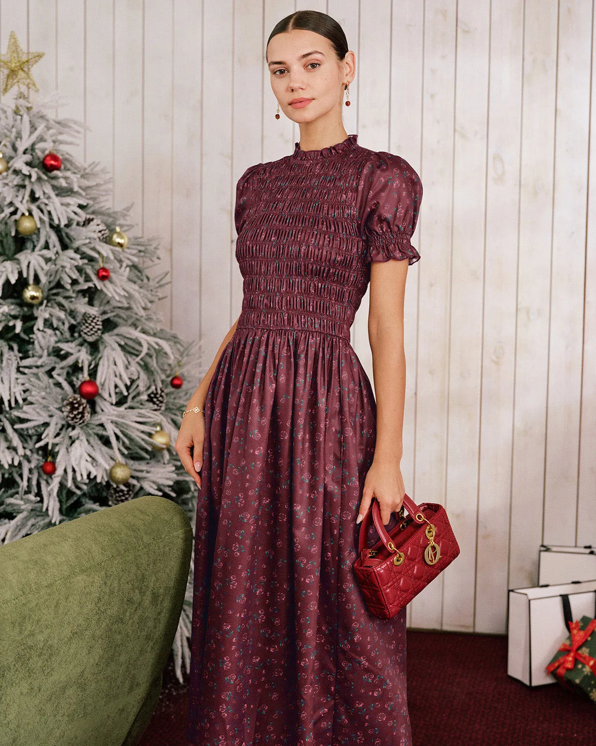 Wine Red Floral Shirred Puffed Sleeve Midi Dress sold by rihoas product image thumbnail 4
