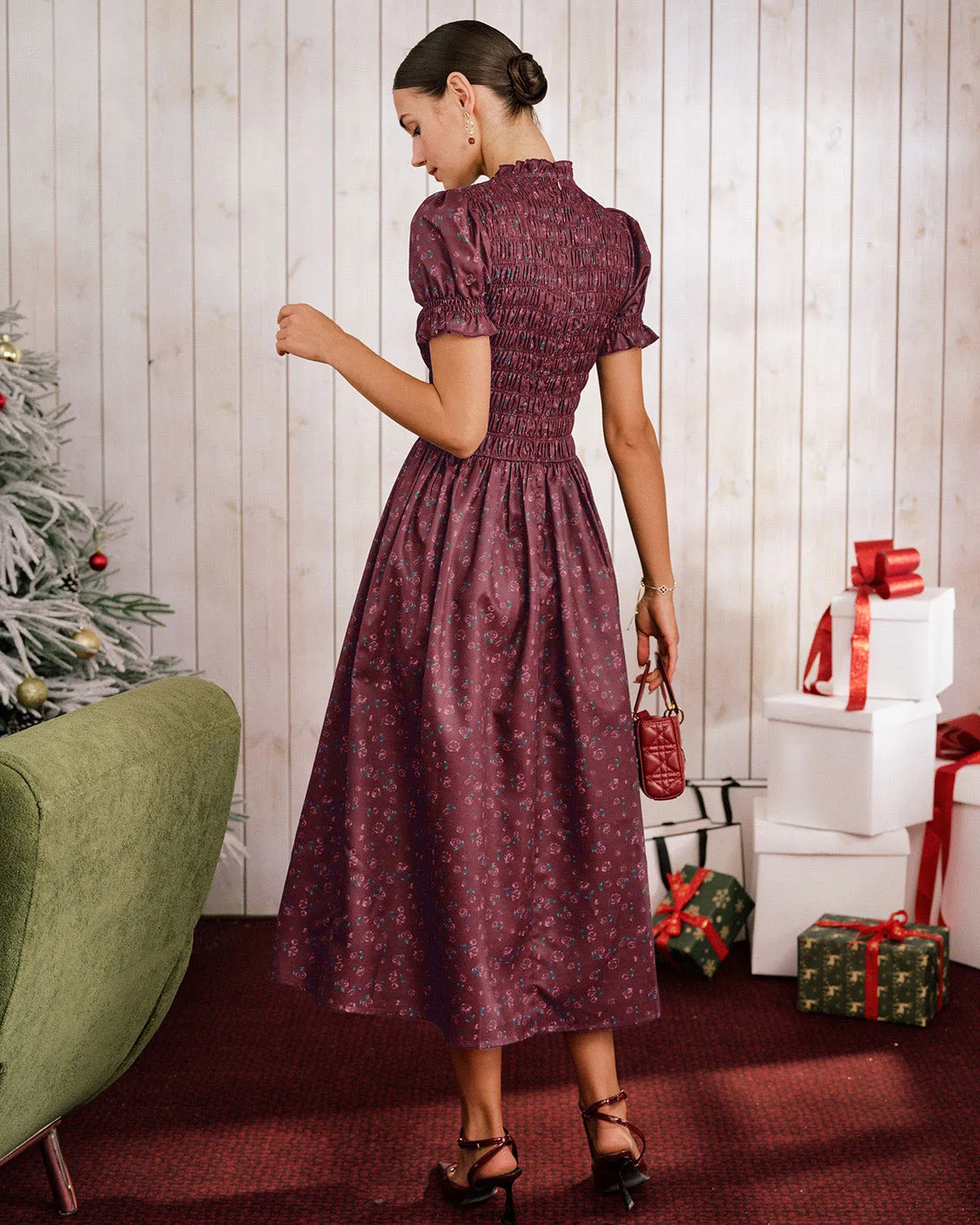 Wine Red Floral Shirred Puffed Sleeve Midi Dress sold by rihoas product image thumbnail 5